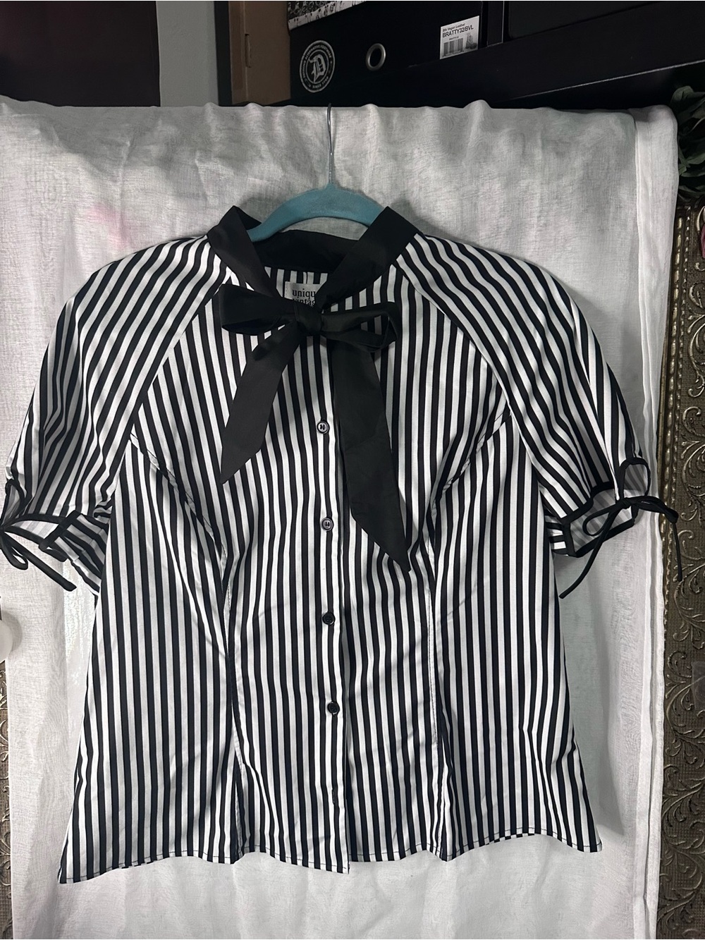 Unique Vintage Black and White Striped Blouse with Neck Bow